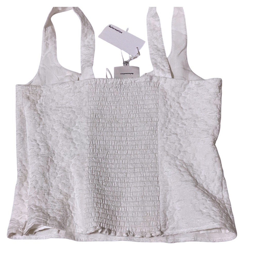 REFORMATION BALIA TOP white floral tank women's blouse bow 8 medium smocked NWT - Picture 3 of 14
